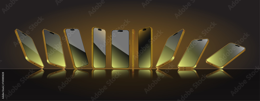 Poster golden smartphone mock-up in different angles collection. 3d perspective view mobile phone and cellp