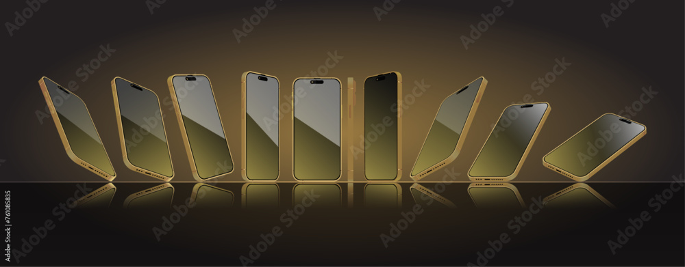 Poster yellow smartphone mock-up in different angles collection. 3d perspective view mobile phone and cellp