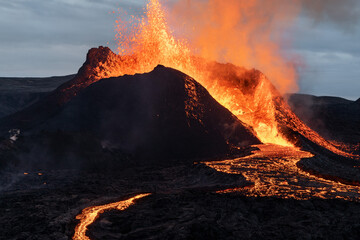 Volcanic eruption explosion and lava flow in Fagradalsfjall, Reykjanes Peninsula, Iceland.