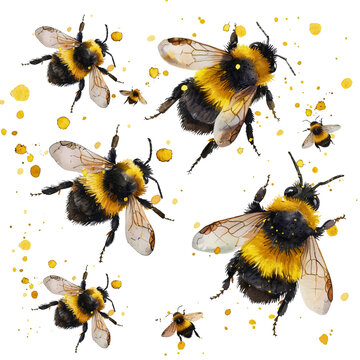 White background featuring a vibrant watercolor painting of bees.