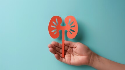 Top view of a hand holding a paper cut human kidneys against a blue backdrop with a big space for text or product, Generative AI.