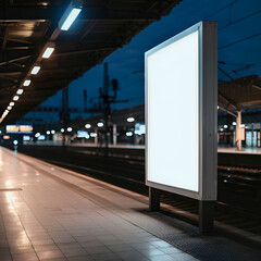 Blank white digital sign billboard poster mockup in train station during evening