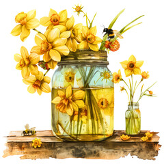 White background showcasing a vibrant watercolor illustration of bees.