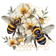 White background featuring a colorful watercolor depiction of beautiful bees.