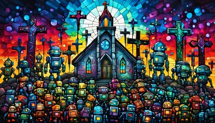 Church Surrounded by mass of robots. Generative AI
