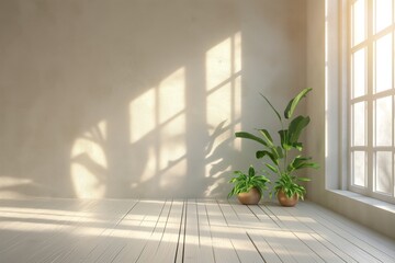 White empty room with green home plants. Interior mockup. Generative AI
