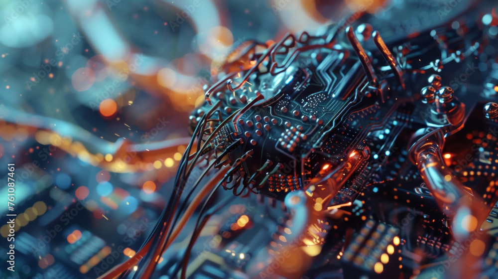 Poster a close up of an intricate circuit board with small components and wires forming an experimental gad
