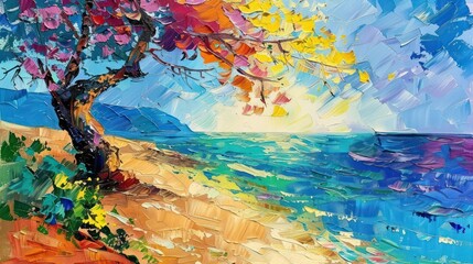 Oil on canvas with a palette knife creating a seascape with a vivid tree in foreground