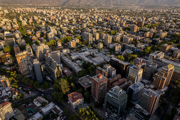 Beautiful aerial view of the Plaza de Armas, Metropolitan Cathedral of Santiago de Chile, National History Museum of Chile, Mopocho river t and the city of Santiago de  Chile