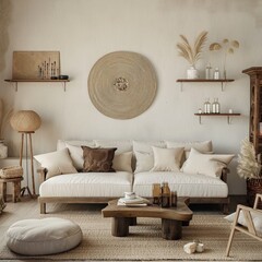 Stylish interior design of modern apartment. Interior mockup. Boho interior design. Generative AI