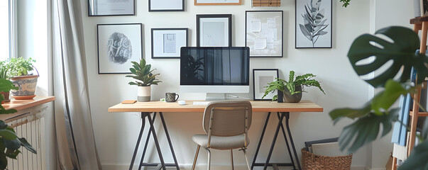 A well-lit home office space adorned with wall art, indoor plants, and a minimalist wooden desk setup.