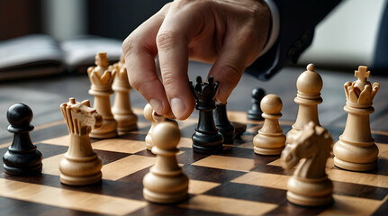 hand of businessman moving chess figure in competition success play. strategy, management or leadership concept. generative.ai