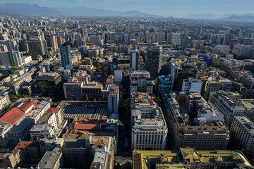 Beautiful aerial view of the Plaza de Armas, Metropolitan Cathedral of Santiago de Chile, National...