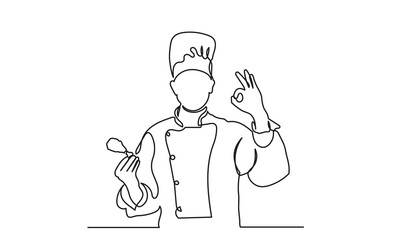 continuous line drawing of a chef holding a chicken fry with showing ok sign.Single-line chef cooking meal concept.vector illustration.

