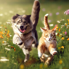 A couple of friends a cat and a dog run merrily through a summer flowering meadow
