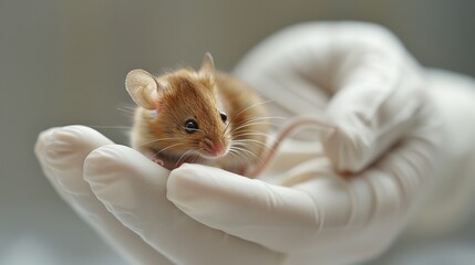 Wearing white gloves, a lab researcher embraces a tiny experimental mouse gingerly in her palm and space, Generative AI. - obrazy, fototapety, plakaty