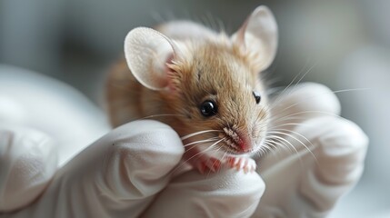 Wearing white gloves, a lab researcher embraces a tiny experimental mouse gingerly in her palm and space, Generative AI. - obrazy, fototapety, plakaty