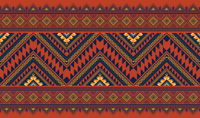 Ethnic pattern.Triangle shape on Red background.Geometric shape.Blue pattern.Zigzag pattern.Seamless.Square shape.DIgital design.Illustration.Line.Design for skirt.Clothes.Carpet.Printing. Knitting
