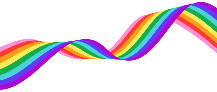 Rainbow wavy flowing ribbon design element. LGBTQ Pride month flag. Rainbow color wave background template shape for banner, poster, flyer, brochure, booklet, cover. Vector backdrop