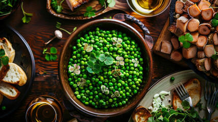 A bowl of bright green peas symbolizing the color of Irelands lush landscapes p a a spread of...
