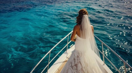A bride dressed in a flowing white gown with a gauzy veil stands at the bow of the yacht her hand clasped in that of her grooms as they overlook the crystal clear waters below.
