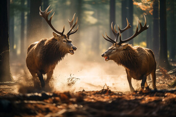 red deer fighting in forest