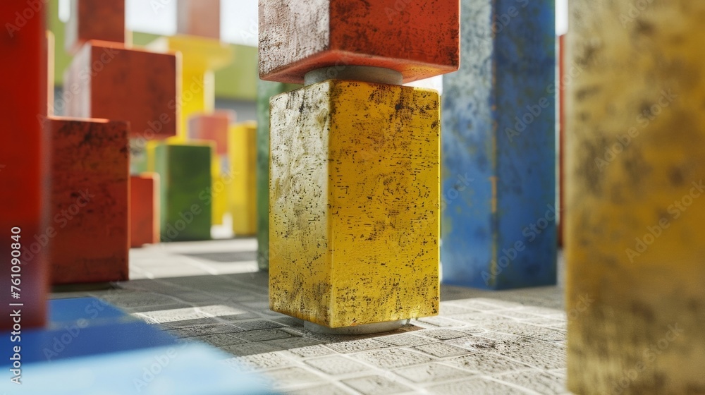 Poster a closeup of a sculpture made of colorful blocks representing the diverse perspectives and ideas tha