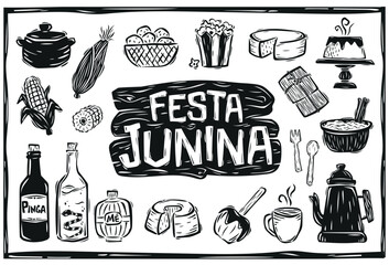 Festa Junina foods. popcorn, cake, drip, corn, hominy, tamale, coffee, cheese and sweet apple. Cordel style woodcut.eps