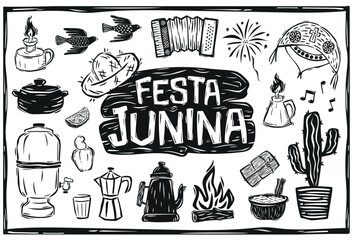 Festa Junina icons, S?o Jo?o. fireworks, flags, balloon, bonfire, straw hat, accordion. Brazilian cordel style woodcut..eps