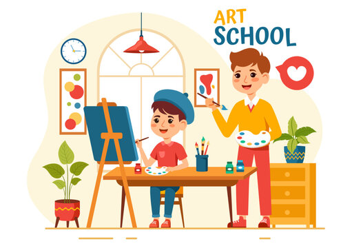 Art School Vector Illustration with Kids of Painting with Live Model or Object using Tools and Equipment in Flat Cartoon Background Design