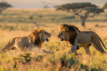 Two male lions are fighting in the savanna safari - 761091203