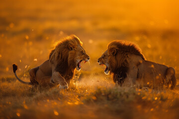Two male lions are fighting in the savanna safari - 761091206