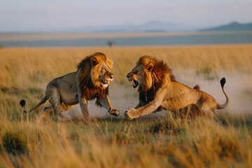 Two male lions are fighting in the savanna safari - 761091207
