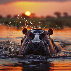 hippopotamus head submerged from water in the evening - 761091288