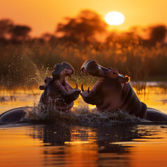 Two Hippopotamus (Hippopotamus amphibius) fighting in the evening - 761091289