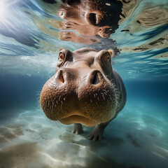 Cute hippo swimming under clear water - 761091293