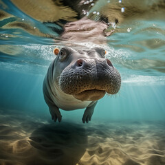 Cute hippo swimming under clear water - 761091299