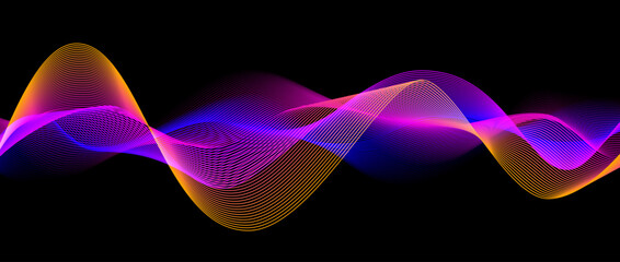 Neon flowing wavy lines on black background. Abstract sound wave design for ai concept, equalizer, audio record, voice assistant. Blue, pink orange gradient curve stripes. Vector wallpaper 