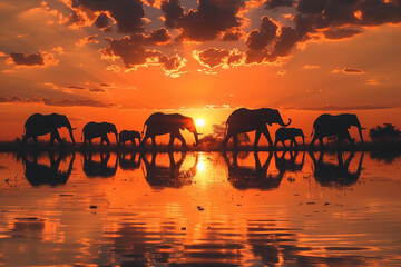 African elephant family trekking across the river at dusk, silhouetted - 761091417
