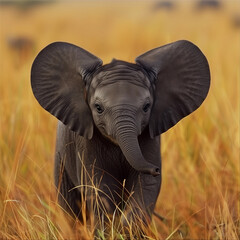 Portrait of baby african elephant  in the the grass