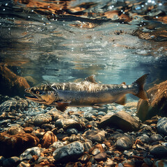 Trout in the clear water river streams