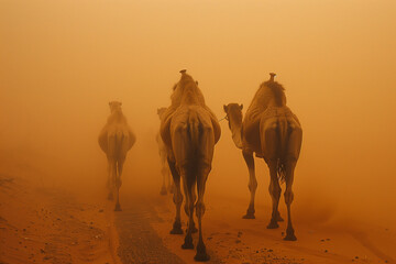 Camel caravan through the sahara desert in a sand storm - 761091602