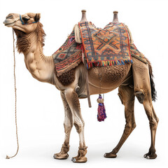 camel with saddle and luggage isolated on white background - 761091618