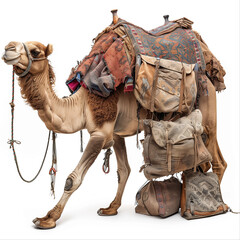 camel with saddle and luggage isolated on white background - 761091622