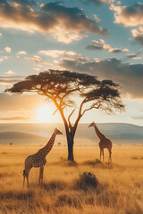 Fototapeta na wymiar Giraffe at savanna on sunset sky