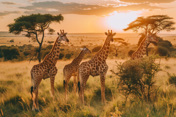 Giraffe at savanna on sunset sky - 761091645
