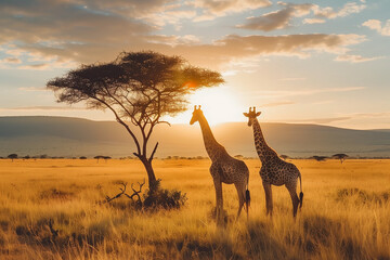 Giraffe at savanna on sunset sky - 761091659