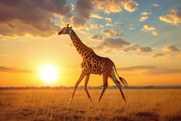 Giraffe at savanna on sunset sky - 761091682