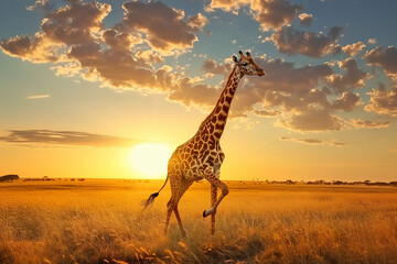 Giraffe at savanna on sunset sky