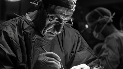 An intense concentration visible on the surgeons face as his hands delicately manipulate a small graft to repair a damaged vessel before carefully stitching it in place. - obrazy, fototapety, plakaty